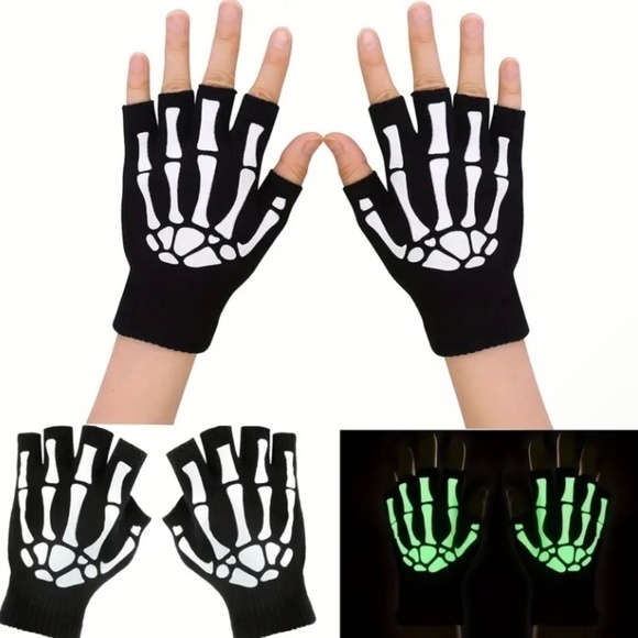 Black Fluorescence Half Finger Glowing Skeleton Ghost Claw Knit Gloves - Picture 1 of 5